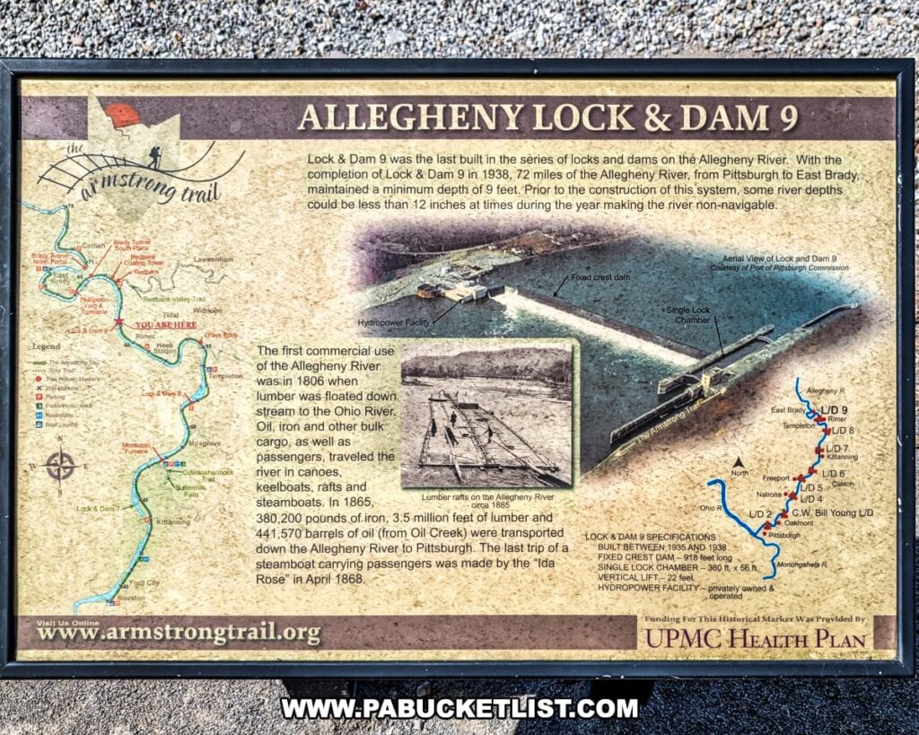 Informational sign along the Armstrong Trail in western Pennsylvania explaining the history and construction of Allegheny Lock and Dam 9, with maps, historic photos of river commerce, and details about the dam’s role in maintaining navigable depths on the Allegheny River.