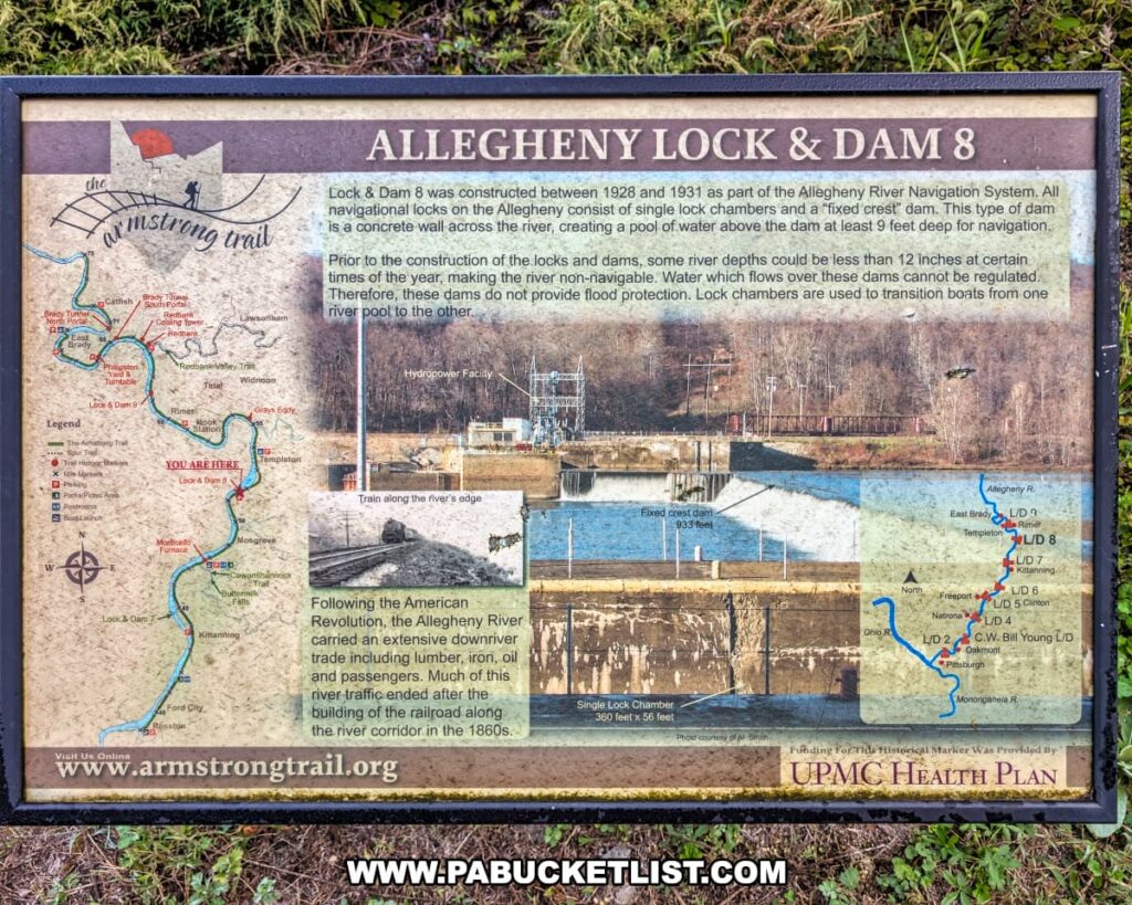 Informational sign along the Armstrong Trail in western Pennsylvania detailing the history and function of Allegheny Lock and Dam 8, featuring maps, photos, and text about river navigation, construction between 1928 and 1931, and the role of the Allegheny River in regional trade.