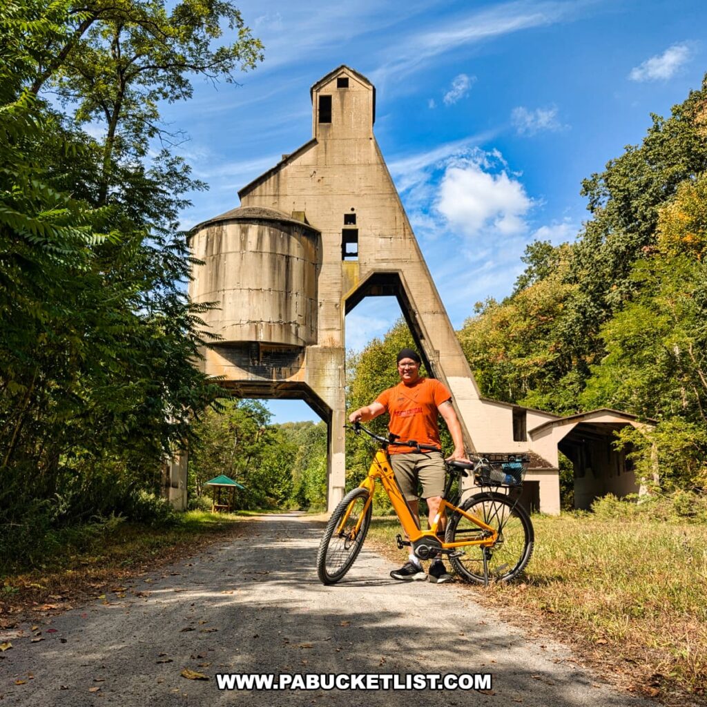 Cyclist with a yellow bike posing beneath the towering concrete Redbank Coaling Tower along the Armstrong Trail in western Pennsylvania, surrounded by trees and a bright blue sky.