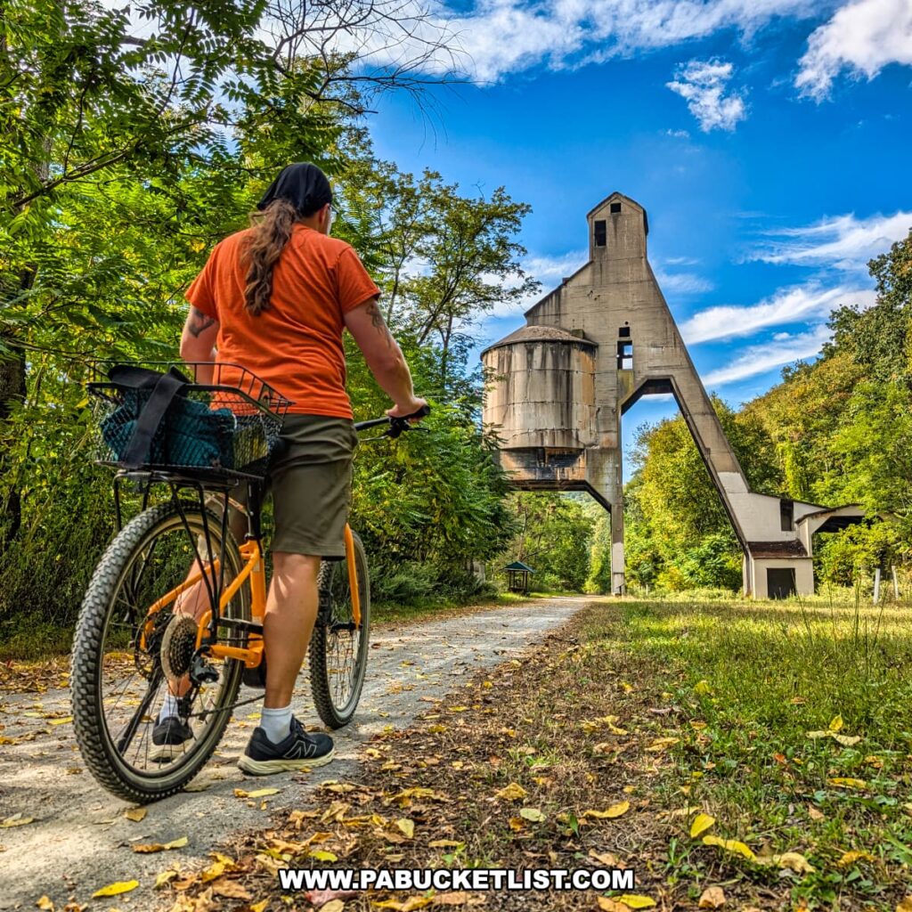 Cyclist with a yellow bike standing on the Armstrong Trail in western Pennsylvania, looking toward the towering concrete Redbank Coaling Tower surrounded by lush green trees and a bright blue sky.