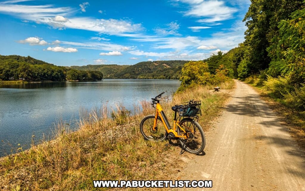 Yellow bicycle parked beside the gravel path of the Armstrong Trail in western Pennsylvania, with the calm Allegheny River stretching alongside forested hills under a bright blue sky with scattered clouds.