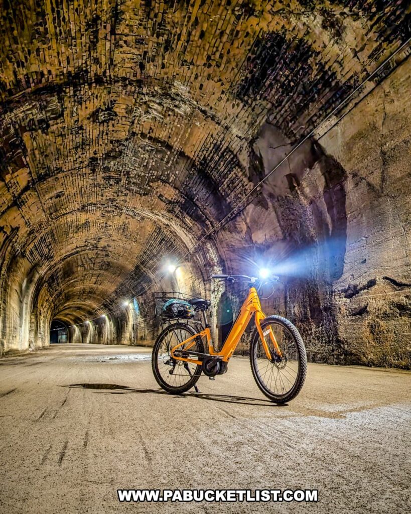Yellow bicycle with headlights illuminated inside the historic Brady Tunnel along the Armstrong Trail in western Pennsylvania, surrounded by arched brick and stone walls lit by overhead lights.