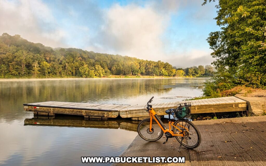 Yellow bicycle parked beside a boat launch along the Armstrong Trail in western Pennsylvania, with a wooden dock extending into the calm Allegheny River and morning mist rising over the tree-covered hills in the background.