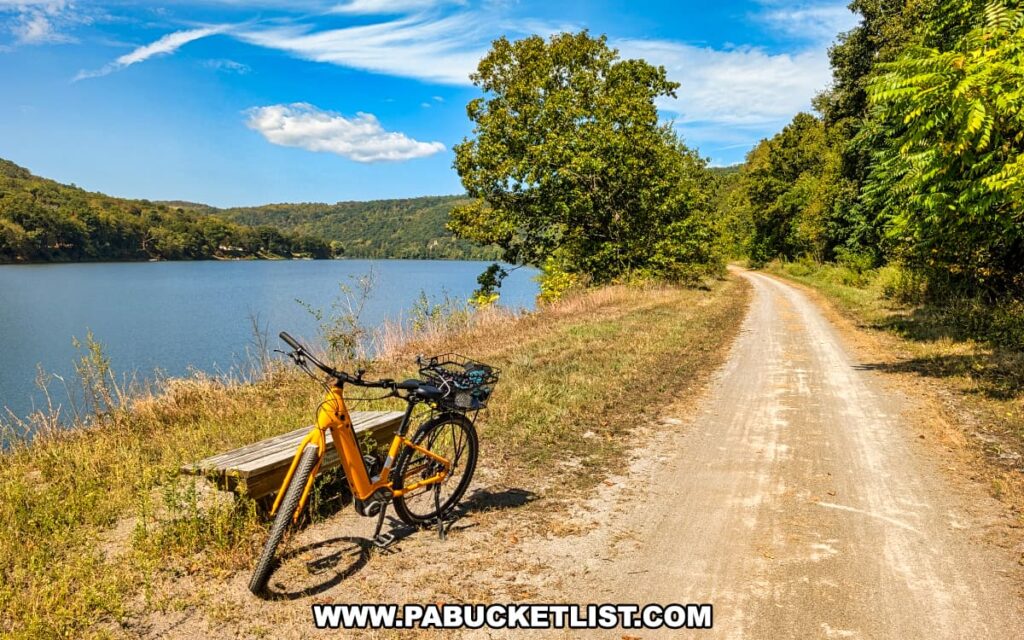 Yellow bicycle parked beside a wooden bench along the Armstrong Trail in western Pennsylvania, with the gravel path running parallel to the calm Allegheny River and rolling forested hills under a bright blue sky.