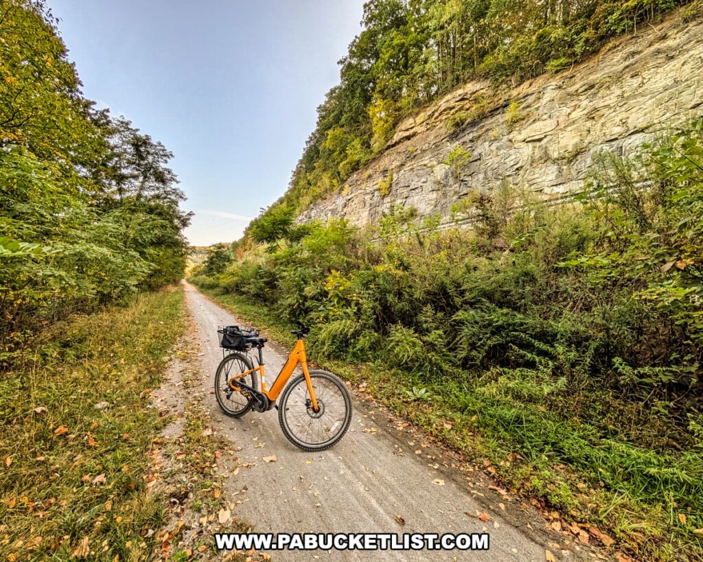 Yellow bicycle parked on the Armstrong Trail north of Templeton, Pennsylvania, with the gravel path running beside a tall rock cliff on one side and dense green foliage on the other.