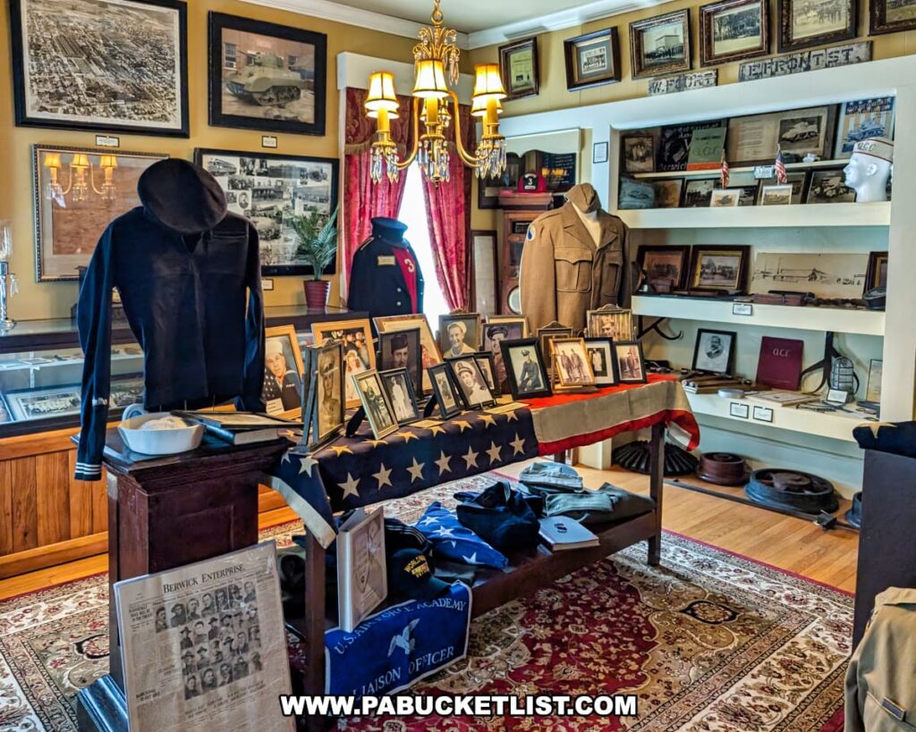 American Car and Foundry Military Room at the Berwick Historical Society Museum in Columbia County, PA, featuring World War II uniforms, photographs of local servicemen and women, wartime memorabilia, and historic displays honoring Berwick’s military contributions.