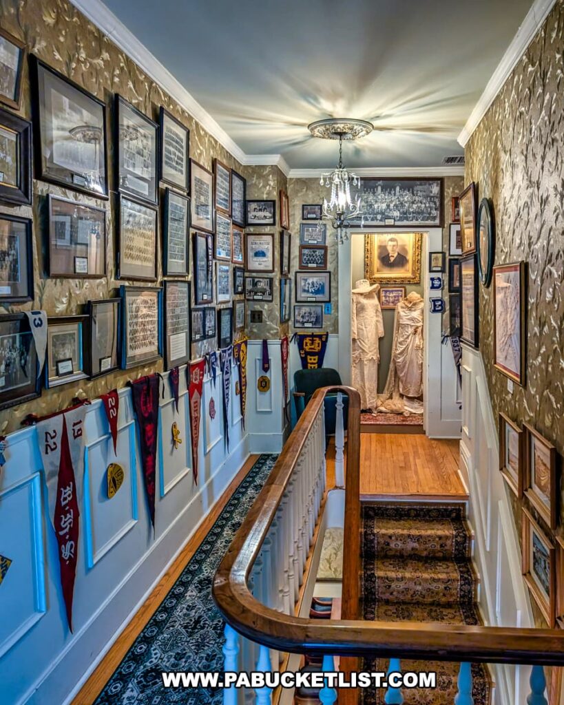 Upstairs hallway at the Berwick Historical Society Museum in Columbia County, PA, lined with framed historic photos, vintage school pennants, and display cases, leading to exhibits featuring period clothing and portraits from Berwick’s past.