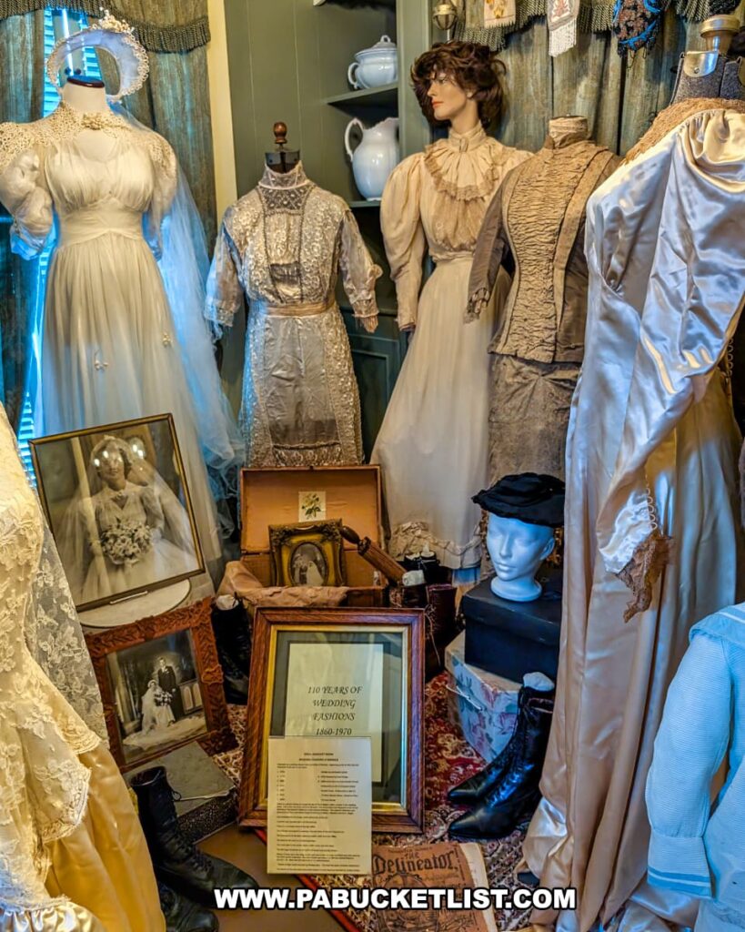 Vintage wedding fashions exhibit at the Berwick Historical Society Museum in Columbia County, PA, showcasing 110 years of bridal gowns from 1860 to 1970, along with period accessories, photographs, and mannequins dressed in historic attire.