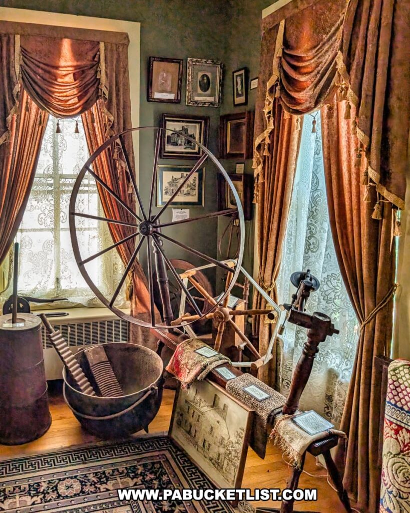 Antique spinning wheel and butter churn on display at the Berwick Historical Society Museum in Columbia County, PA, surrounded by framed historic photos, vintage textiles, and Victorian-style curtains in a room dedicated to Berwick’s early domestic life and craftsmanship.