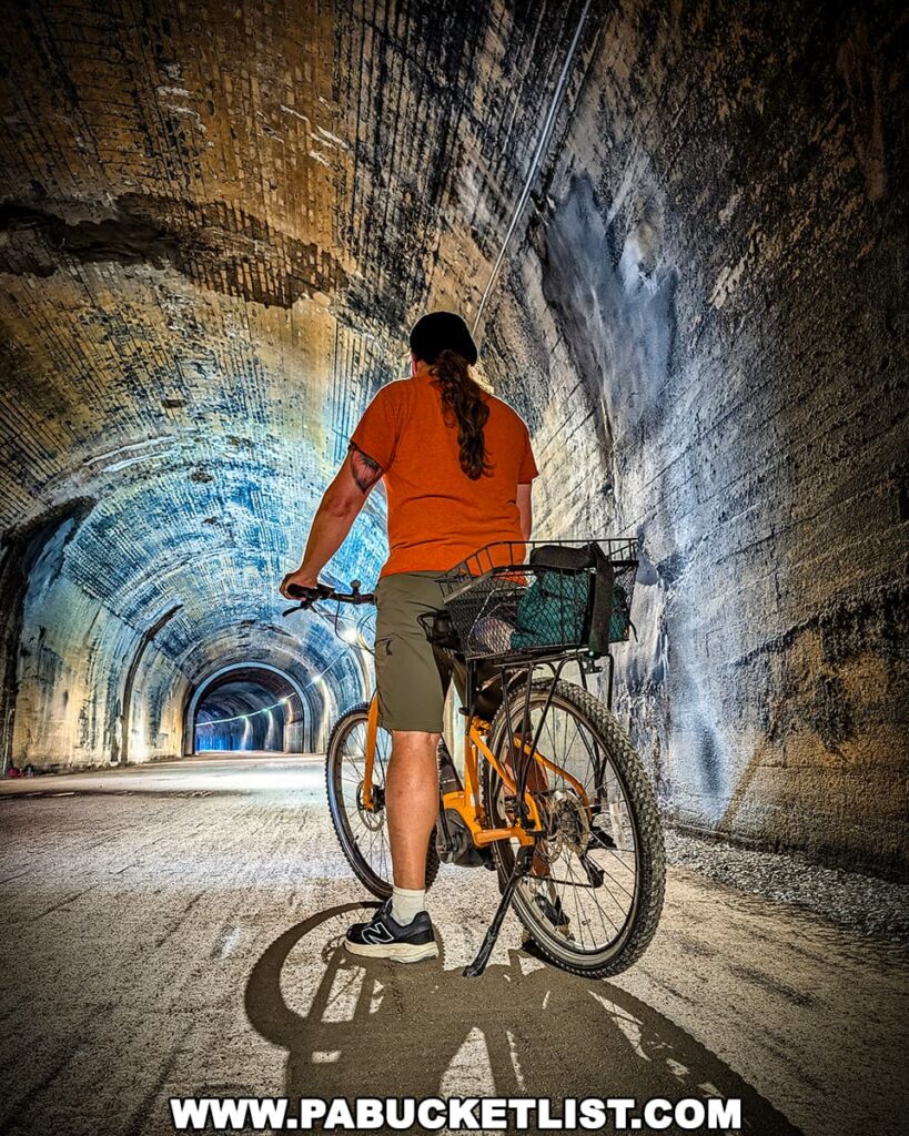 Cyclist walking a yellow bicycle through the dimly lit Brady Tunnel along the Armstrong Trail in Clarion County, Pennsylvania, with light filtering through the arched brick-lined passageway.