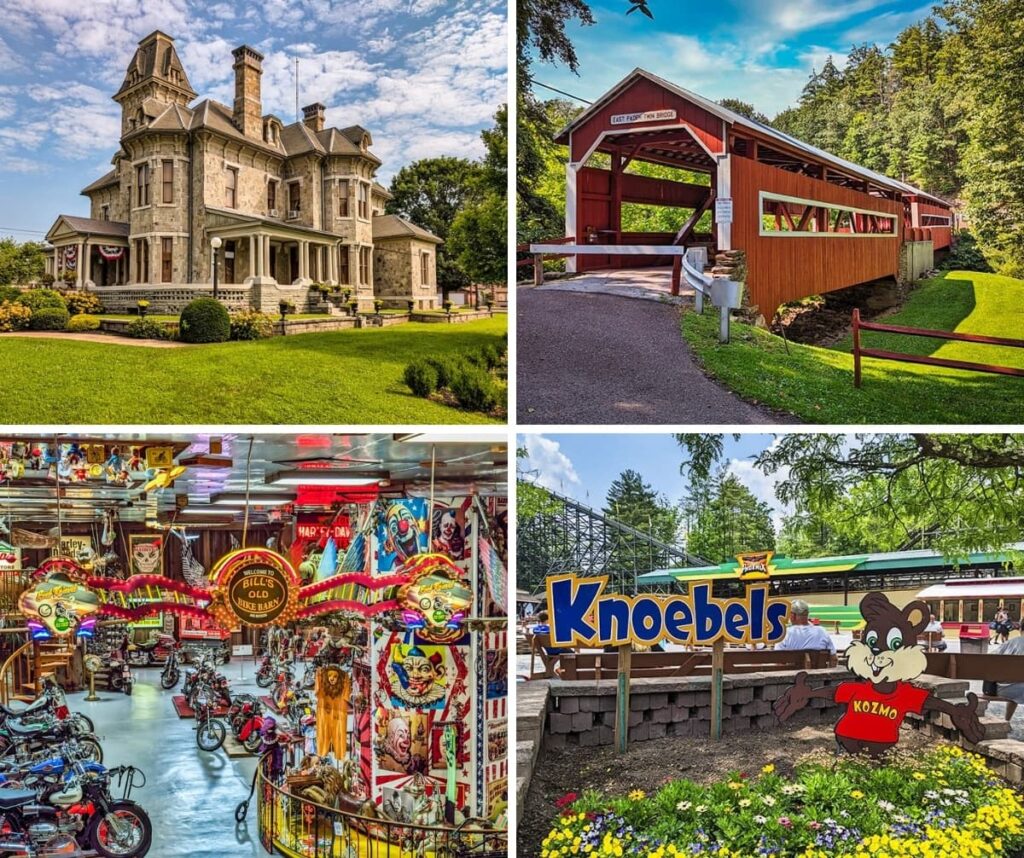 Collage of attractions in Columbia County, Pennsylvania, including the historic Jackson Mansion, the East and West Paden twin covered bridges, Bill’s Old Bike Barn motorcycle museum, and Knoebels Amusement Resort with its mascot Kozmo.