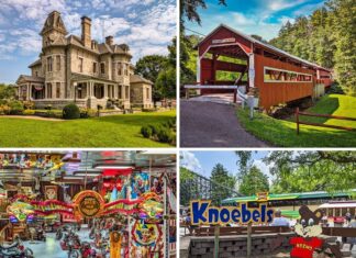 Collage of attractions in Columbia County, Pennsylvania, including the historic Jackson Mansion, the East and West Paden twin covered bridges, Bill’s Old Bike Barn motorcycle museum, and Knoebels Amusement Resort with its mascot Kozmo.