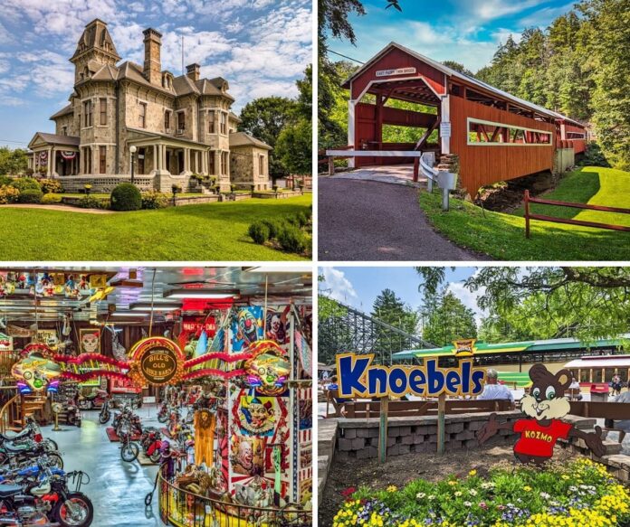 Collage of attractions in Columbia County, Pennsylvania, including the historic Jackson Mansion, the East and West Paden twin covered bridges, Bill’s Old Bike Barn motorcycle museum, and Knoebels Amusement Resort with its mascot Kozmo.