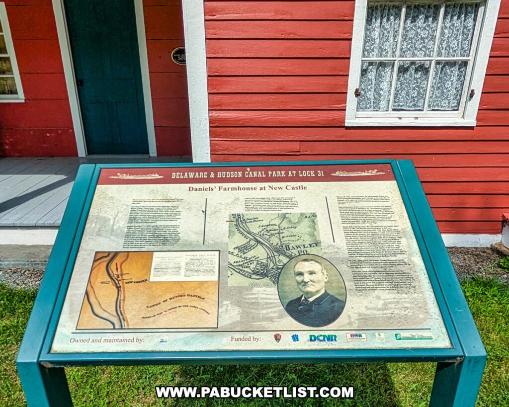 Interpretive sign in front of the Daniels Farmhouse at the D\&H Canal Park in Wayne County, Pennsylvania, detailing the history of the farmhouse at New Castle with historic maps, text, and a portrait of a local figure.