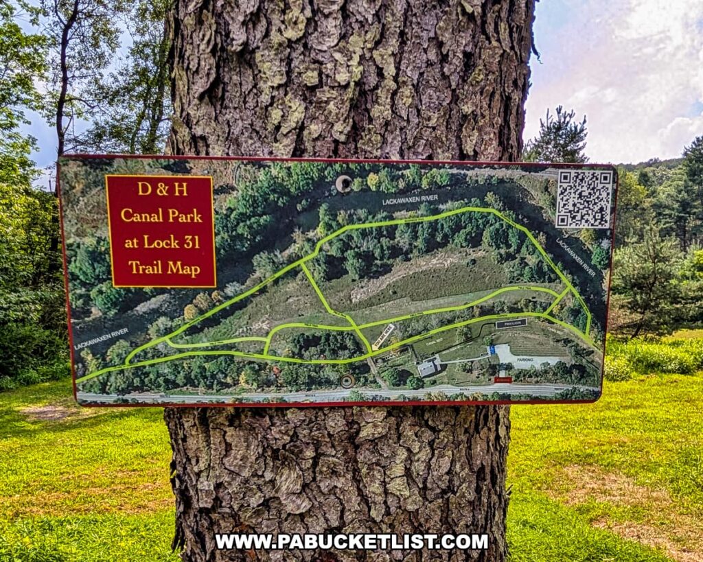 Trail map sign for the D\&H Canal Park at Lock 31 in Wayne County, Pennsylvania, mounted on a tree and showing highlighted walking paths, the Lackawaxen River, parking area, and park facilities.