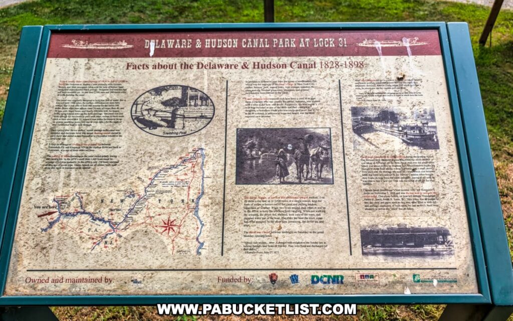 Interpretive sign at the D\&H Canal Park in Wayne County, Pennsylvania, titled “Facts about the Delaware & Hudson Canal 1828–1898,” featuring historical text, maps, and illustrations about the canal’s construction, operation, and significance.