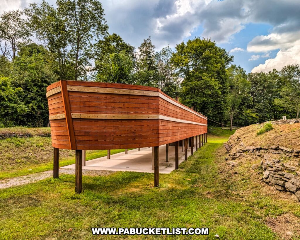 Life-sized wooden replica of a canal boat cabin exterior at the D\&H Canal Park in Wayne County, Pennsylvania, built on stilts above the old canal bed and surrounded by trees and grassy pathways.