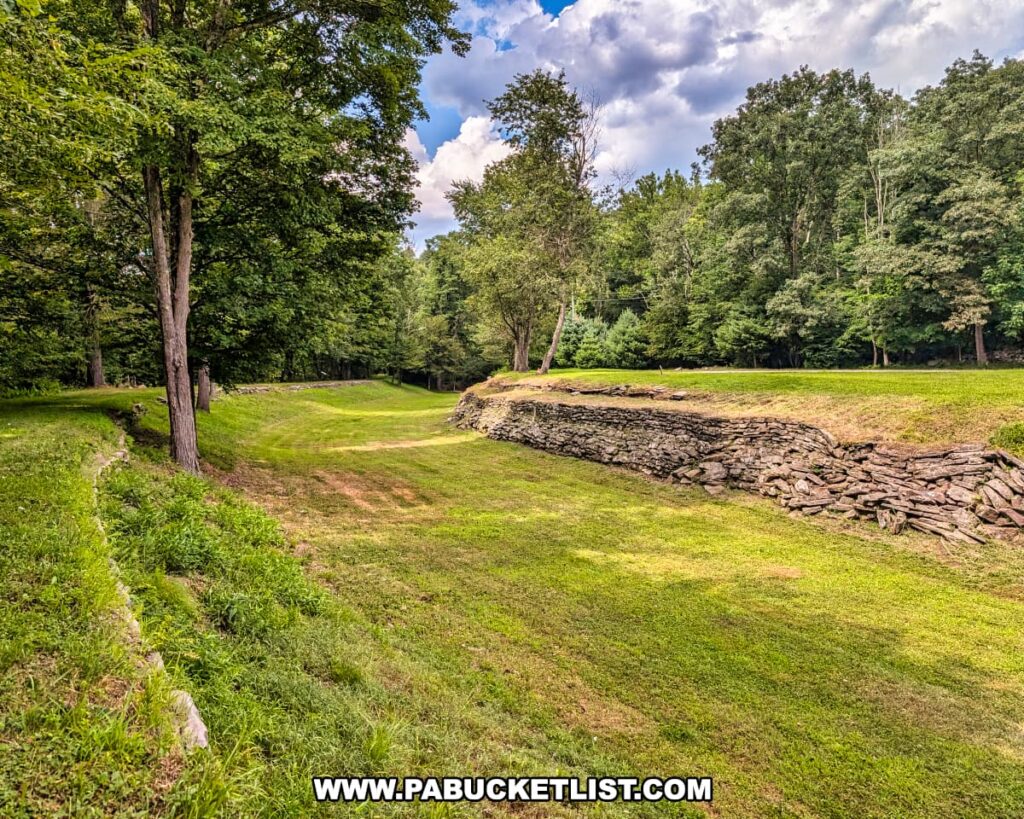 Stone-lined remnants of the Delaware & Hudson Canal at Lock 31 in Wayne County, Pennsylvania, surrounded by grass and shaded by tall trees on a summer day.