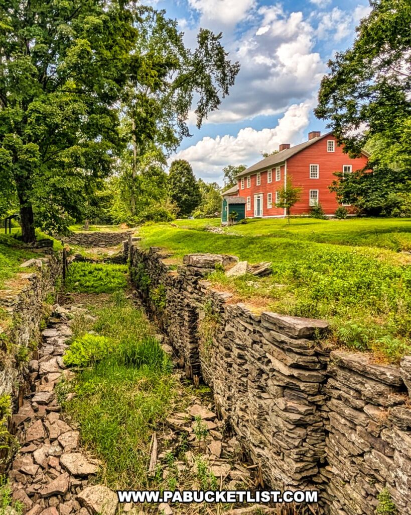 Stone-lined sluiceway remains at the D\&H Canal Park in Wayne County, Pennsylvania, with the historic red Daniels Farmhouse visible in the background among trees and grassy fields.