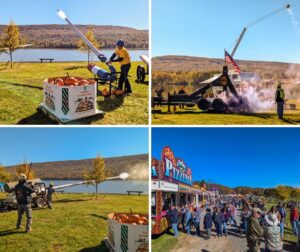 Collage of four photos from the Punkin Chunkin Fall Festival at Bald Eagle State Park in Centre County, PA, showing pumpkins loaded into air cannons and launched over Sayers Lake, a trebuchet firing with smoke, and crowds gathered along a row of colorful food vendors.