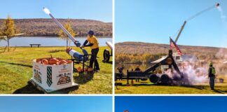 Collage of four photos from the Punkin Chunkin Fall Festival at Bald Eagle State Park in Centre County, PA, showing pumpkins loaded into air cannons and launched over Sayers Lake, a trebuchet firing with smoke, and crowds gathered along a row of colorful food vendors.
