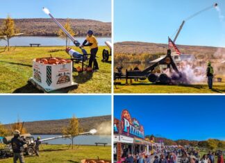 Collage of four photos from the Punkin Chunkin Fall Festival at Bald Eagle State Park in Centre County, PA, showing pumpkins loaded into air cannons and launched over Sayers Lake, a trebuchet firing with smoke, and crowds gathered along a row of colorful food vendors.