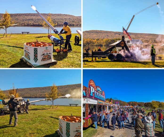 Collage of four photos from the Punkin Chunkin Fall Festival at Bald Eagle State Park in Centre County, PA, showing pumpkins loaded into air cannons and launched over Sayers Lake, a trebuchet firing with smoke, and crowds gathered along a row of colorful food vendors.