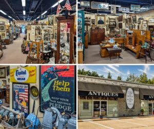 Collage of four photos from the Antique Center of Strabane in Canonsburg, Pennsylvania, showing aisles of vendor booths filled with antiques, vintage advertising signs and posters, displays of early American furniture and decorative arts, and the exterior of the building with its “Antiques” signage and entrance.