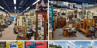 Collage of four photos from the Antique Center of Strabane in Canonsburg, Pennsylvania, showing aisles of vendor booths filled with antiques, vintage advertising signs and posters, displays of early American furniture and decorative arts, and the exterior of the building with its “Antiques” signage and entrance.