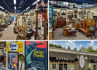 Collage of four photos from the Antique Center of Strabane in Canonsburg, Pennsylvania, showing aisles of vendor booths filled with antiques, vintage advertising signs and posters, displays of early American furniture and decorative arts, and the exterior of the building with its “Antiques” signage and entrance.