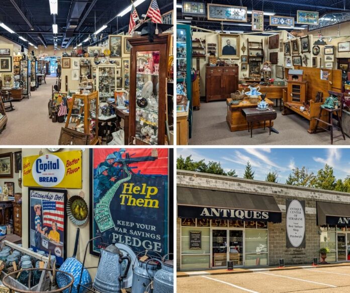 Collage of four photos from the Antique Center of Strabane in Canonsburg, Pennsylvania, showing aisles of vendor booths filled with antiques, vintage advertising signs and posters, displays of early American furniture and decorative arts, and the exterior of the building with its “Antiques” signage and entrance.