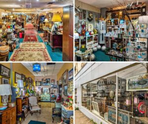 Collage of four photos from Plains Antiques in Luzerne County, PA, featuring the storefront window, aisles filled with vintage furniture and collectibles, a vendor booth with glassware and home décor, and a cozy display of framed artwork and antique furnishings inside this two-level multi-vendor antique shop near Wilkes-Barre.