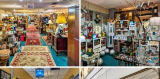 Collage of four photos from Plains Antiques in Luzerne County, PA, featuring the storefront window, aisles filled with vintage furniture and collectibles, a vendor booth with glassware and home décor, and a cozy display of framed artwork and antique furnishings inside this two-level multi-vendor antique shop near Wilkes-Barre.