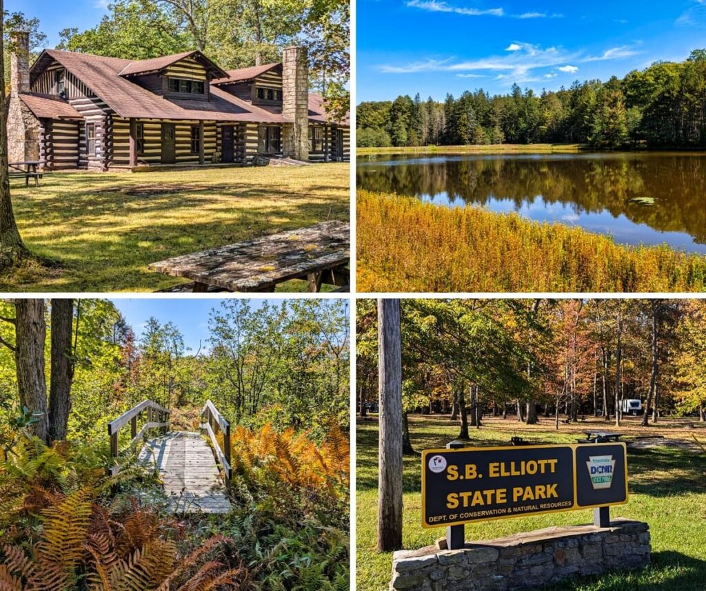 Collage of four images from SB Elliott State Park in Clearfield County, Pennsylvania, showcasing a large rustic log lodge built by the Civilian Conservation Corps, a peaceful fishing pond surrounded by forest, a wooden footbridge along a fern-filled trail, and the official park entrance sign set against colorful autumn foliage.
