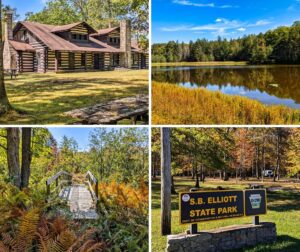 Collage of four images from SB Elliott State Park in Clearfield County, Pennsylvania, showcasing a large rustic log lodge built by the Civilian Conservation Corps, a peaceful fishing pond surrounded by forest, a wooden footbridge along a fern-filled trail, and the official park entrance sign set against colorful autumn foliage.