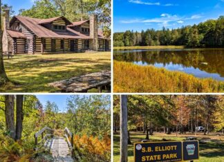 Collage of four images from SB Elliott State Park in Clearfield County, Pennsylvania, showcasing a large rustic log lodge built by the Civilian Conservation Corps, a peaceful fishing pond surrounded by forest, a wooden footbridge along a fern-filled trail, and the official park entrance sign set against colorful autumn foliage.