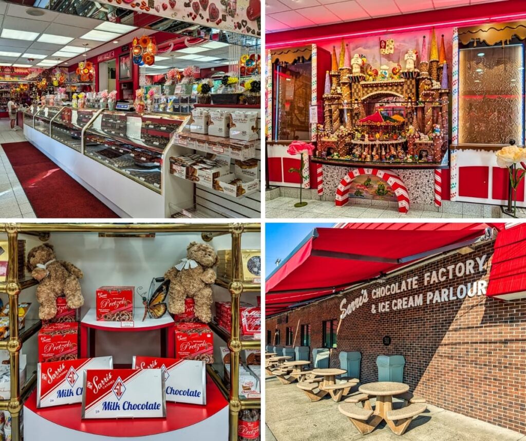 Collage of four images from Sarris Candies’ Chocolate Factory and Ice Cream Parlour in Canonsburg, PA, featuring the glass candy counter with assorted chocolates, the elaborate chocolate castle display, shelves with giant chocolate bars and teddy bears, and the outdoor seating area under bright red awnings.