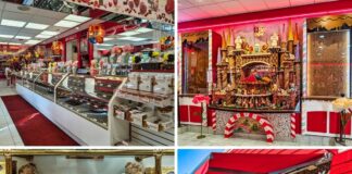 Collage of four images from Sarris Candies’ Chocolate Factory and Ice Cream Parlour in Canonsburg, PA, featuring the glass candy counter with assorted chocolates, the elaborate chocolate castle display, shelves with giant chocolate bars and teddy bears, and the outdoor seating area under bright red awnings.
