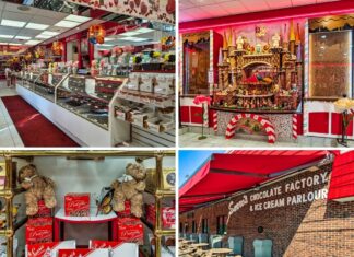 Collage of four images from Sarris Candies’ Chocolate Factory and Ice Cream Parlour in Canonsburg, PA, featuring the glass candy counter with assorted chocolates, the elaborate chocolate castle display, shelves with giant chocolate bars and teddy bears, and the outdoor seating area under bright red awnings.