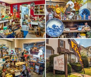 Collage of four photos from Vintage Secrets Antiques in Canonsburg, Washington County, PA, featuring vendor booths filled with colorful vintage décor, glassware, collectibles, and home goods, along with an exterior view of the storefront and sign for the three-level multi-vendor antique mall.