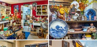 Collage of four photos from Vintage Secrets Antiques in Canonsburg, Washington County, PA, featuring vendor booths filled with colorful vintage décor, glassware, collectibles, and home goods, along with an exterior view of the storefront and sign for the three-level multi-vendor antique mall.