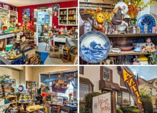 Collage of four photos from Vintage Secrets Antiques in Canonsburg, Washington County, PA, featuring vendor booths filled with colorful vintage décor, glassware, collectibles, and home goods, along with an exterior view of the storefront and sign for the three-level multi-vendor antique mall.