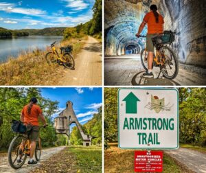 Collage of four photos along the Armstrong Trail in western Pennsylvania featuring a yellow bike by the Allegheny River, a cyclist riding through Brady Tunnel, a cyclist approaching the historic Redbank Coaling Tower, and a green Armstrong Trail sign at a trailhead.
