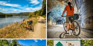 Collage of four photos along the Armstrong Trail in western Pennsylvania featuring a yellow bike by the Allegheny River, a cyclist riding through Brady Tunnel, a cyclist approaching the historic Redbank Coaling Tower, and a green Armstrong Trail sign at a trailhead.
