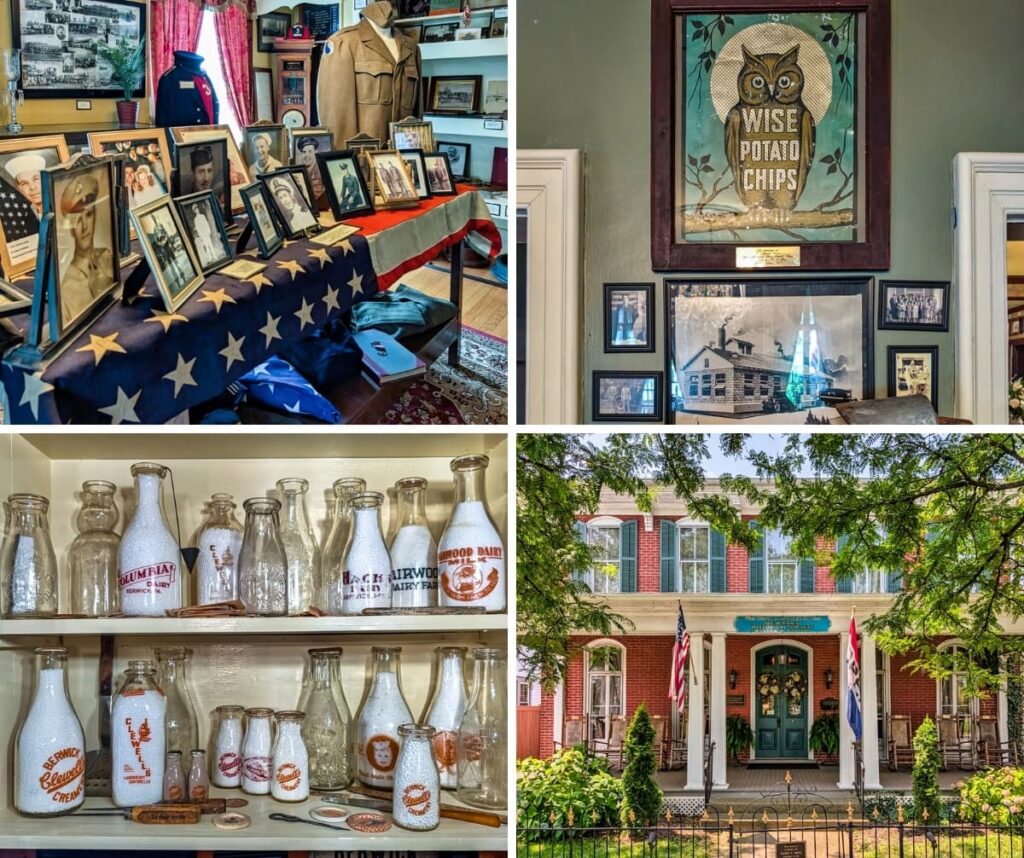 Collage of four scenes from the Berwick Historical Society Museum in Columbia County, PA, featuring the American Car and Foundry Military Room with World War II memorabilia, vintage Wise Potato Chips advertising and photos, a display of historic Berwick dairy bottles, and the exterior view of the historic David A. Sadock House that serves as the museum’s home.