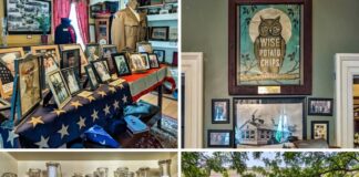 Collage of four scenes from the Berwick Historical Society Museum in Columbia County, PA, featuring the American Car and Foundry Military Room with World War II memorabilia, vintage Wise Potato Chips advertising and photos, a display of historic Berwick dairy bottles, and the exterior view of the historic David A. Sadock House that serves as the museum’s home.
