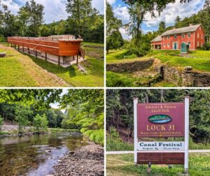 Collage of four photos from the D\&H Canal Park in Wayne County, Pennsylvania, featuring the replica canal boat, the historic Daniels Farmhouse beside Lock 31, a scenic view of the Lackawaxen River, and the park entrance sign advertising the Canal Festival.