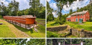 Collage of four photos from the D\&H Canal Park in Wayne County, Pennsylvania, featuring the replica canal boat, the historic Daniels Farmhouse beside Lock 31, a scenic view of the Lackawaxen River, and the park entrance sign advertising the Canal Festival.