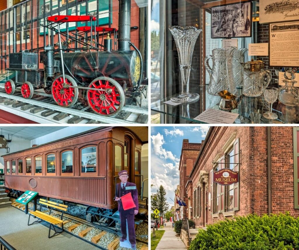 Collage of four scenes from the Wayne County Historical Society Museum in Honesdale, Pennsylvania, featuring a scale model of the Stourbridge Lion locomotive, a display of ornate cut glassware made in the county, a Delaware & Hudson Canal Company gravity railroad passenger car, and the exterior of the historic 1860 museum building.
