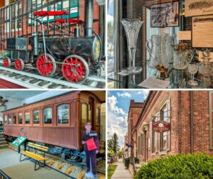 Collage of four scenes from the Wayne County Historical Society Museum in Honesdale, Pennsylvania, featuring a scale model of the Stourbridge Lion locomotive, a display of ornate cut glassware made in the county, a Delaware & Hudson Canal Company gravity railroad passenger car, and the exterior of the historic 1860 museum building.